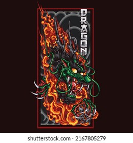 fire dragon head gripping fireball vector illustration