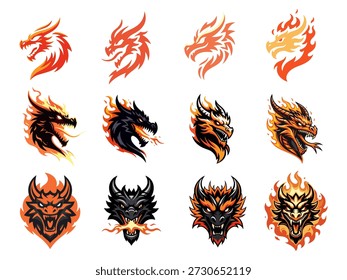 Fire Dragon Head Icon Flat Vector Fantasy Gaming UI Symbol isolated background