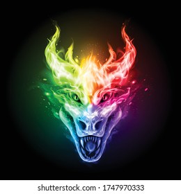 Fire Dragon Head in Rainbow Color Flame on the Dark Background. Modern Illustration Concept Style for Badge, Emblem and T-Shirt Printing