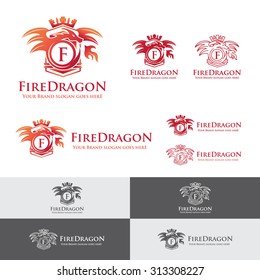 Fire Dragon Letter Crest. Heraldry dragon blowing fire emblem. Royal dragon badge