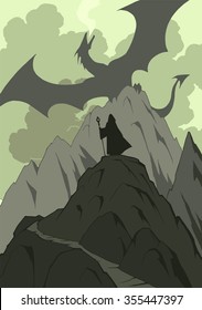 A fire dragon spreads its wings above the mountains where the man wearing cloak stands