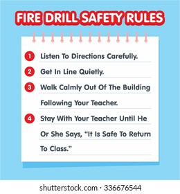 Fire Drill Safety Rules Sign Board. 4 Tips For Fire Safety At Home And School. Fire Prevention Poster Design. Blue Background