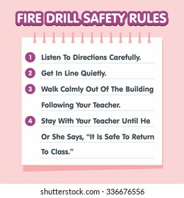 Fire Drill Safety Rules Sign Board. 4 Tips For Fire Safety At Home And School. Fire Prevention Poster Design. Pink Background