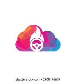 Fire driver cloud shape concept logo vector design template. Car steering wheel burning fire logo icon vector illustration design.