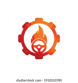 Fire driver gear shape concept logo vector design template. Car steering wheel burning fire logo icon vector.