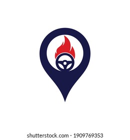 Fire driver gps shape concept logo vector design template. Car steering wheel burning fire logo icon vector illustration design