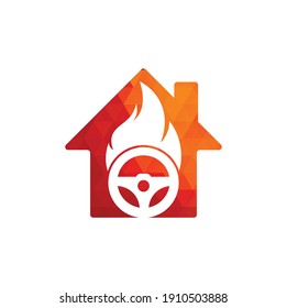 Fire driver home shape concept logo vector design template. Car steering wheel burning fire logo icon vector.