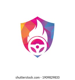 Fire driver shield shape concept logo vector design template. Car steering wheel burning fire logo icon vector illustration design.
