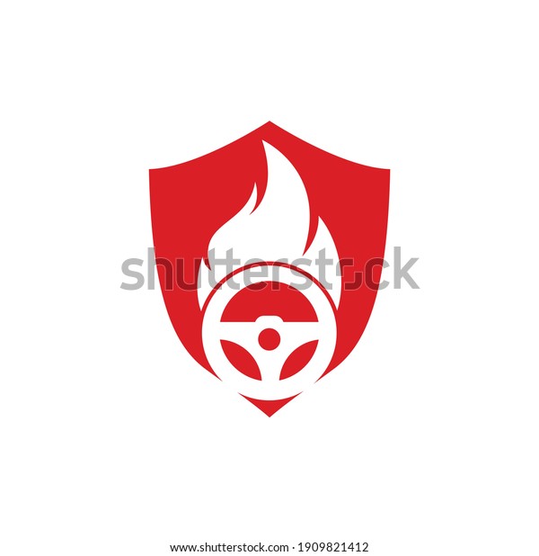 Fire driver shield shape concept logo vector\
design template. Car steering wheel burning fire logo icon vector\
illustration design.