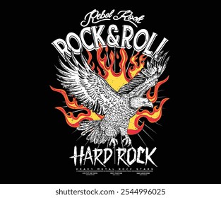 Fuego con ilustraciones de águila. Diseño de estrella de Rock. Arte del Vector de la mosca del águila para la camiseta y otros. Diseño de impresión gráfica de Rock y rollo para ropa, pegatinas, carteles y fondo.