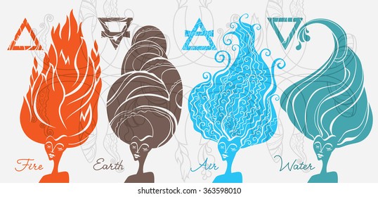 Fire, Earth, Air, Water. Esoteric illustration.