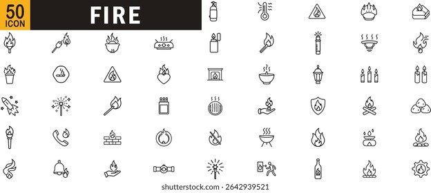 Fire editable outline icon set. Flame, matchstick, torch, fireplace, candle, warning and more.