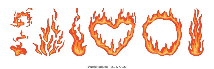 Fire effect of frames and borders. Vector isolated set of fireballs or lines, circle and heart with empty blank copy space. Ignition and blazing burning balls, fireplace or explosion effect