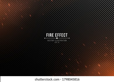 Fire effect with particles on a transparent dark background. The flame sparkles and smoke. Vector illustration. EPS 10.