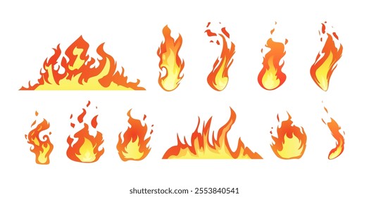 Fire effect set. Cartoon style. Red-yellow hot blaze. Bright warm flame. Burning and bonfire icons. Power. Energy. Decorative design element. Vector illustration isolated on white background.