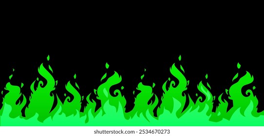 Fire effect. Vector illustration of banner with bright green fire color on isolated black background. Endless cartoon flames on the bottom border for game fantasy design. Flat style .