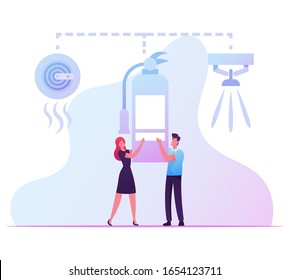 Fire and Electrical Safety Concept. People with Extinguisher Stand under Smoke Trap and Water Sprayer. Burning Flame Signaling System Technology and Equipment for Home. Cartoon Vector Illustration