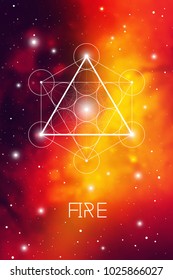 Fire element symbol inside Metatron Cube and Flower of Life in front of outer space cosmic background. Sacred geometry magic sign futuristic vector design.