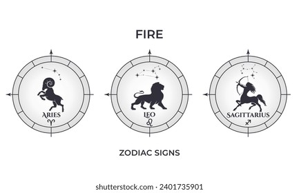 fire element zodiac signs. aries, leo and sagittarius. astrology and horoscope symbols.