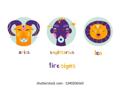 The Fire element. Zodiac signs. Hand drawn trendy illustration. Flat design. Colored vector set. All elements are isolated