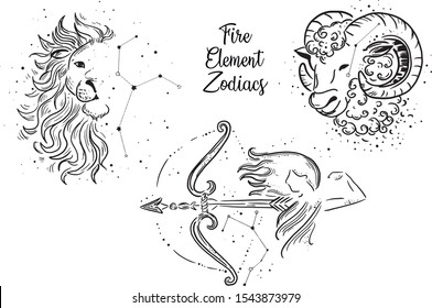 Fire Element Zodiac Signs. Leo Zodiac, Sagittarius Zodiac, Aries Zodiac. Black and White line work.