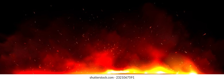 Fire and ember overlay effect and smoke background. Grill hot flame with flying spark particle and ash in hell. Festive firestorm burnt particles vector panoramic nature texture with steam and coal.