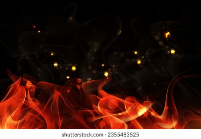 Fire embers particles over black background. Fire sparks background. Abstract dark glitter fire particles lights. bonfire in motion blur.