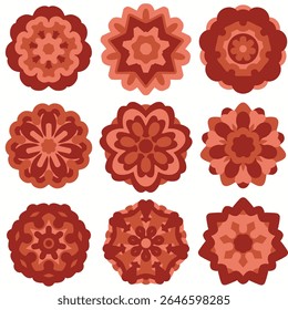 Fire emblem design for magic circles. Mandala set of 9. Fire flower collection. Poppies and roses imitation. Minimalistic, elegant, and detailed. No outline style, lineless. Stickers and prints EPS 10