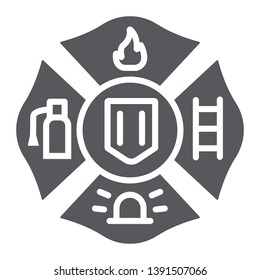 Fire emblem glyph icon, symbol and firefighter, fire badge sign, vector graphics, a solid pattern on a white background, eps 10.
