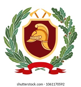Fire emblem. An old fire helmet against a burgundy shield. Top with axes. Around the oak and laurel branches. Vector graphics