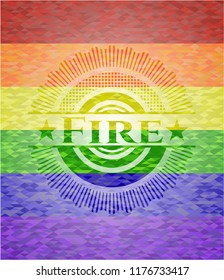 Fire emblem on mosaic background with the colors of the LGBT flag