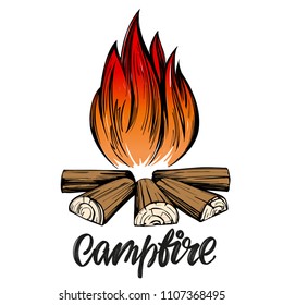 fire emblem, rest in the forest, camping calligraphic text, emblem sign, hand drawn vector illustration sketch
