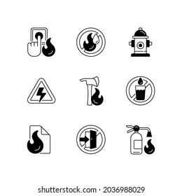 Fire emergency black linear icons set. Alarm button. High voltage. Use no water. Fire blanket, extinguisher. Do not enter. Glyph contour symbols. Vector isolated outline illustrations