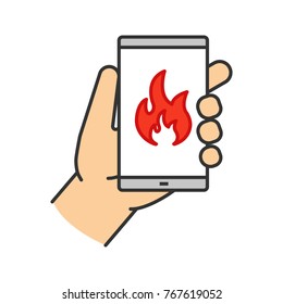 Fire emergency calling color icon. Hand holding smartphone with flame. Isolated vector illustration