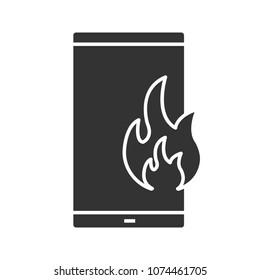 Fire emergency calling glyph icon. Broken phone. Deadline. Smartphone with flame. Silhouette symbol. Negative space. Vector isolated illustration