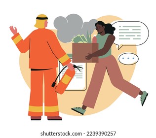 Concepto de emergencia de incendios. Un bombero uniformado sostiene extintor de incendios y rescata a la gente de su oficina en llamas. Evacuación de empleados y extinción de llama. Dibujo vectorial plano de dibujos animados