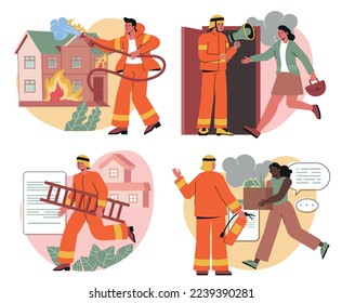 Fire Emergency concept. Male firefighters with megaphone evacuate characters in dangerous life situation from offices, put out flames and pass rescuer training course. Cartoon flat vector collection