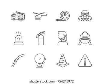 Fire emergency and equipment line icons set with fire truck, helicopter, hose reel, gas mask, siren, extinguisher, emergency call center, helmet, alarm, warning cone.