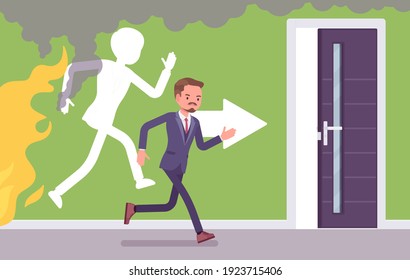 Fire emergency evacuation for man during alarm. Alert building occupant leaving office in a life-threatening situation, potential hazard in a workplace. Vector flat style cartoon illustration