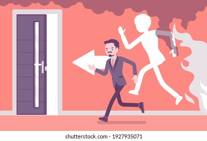 Fire emergency evacuation for man during alarm. Alert building occupant leaving office in a life-threatening situation, potential hazard in a workplace. Vector creative stylized illustration