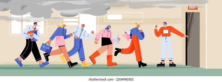 Fire emergency evacuation in office building. People run to exit door from workplace in danger situation. Workers urgency leaving room with smoke, vector flat illustration