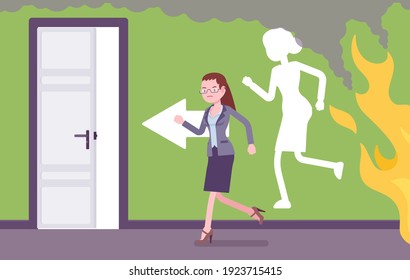 Fire Emergency Evacuation For Woman During Alarm. Alert Building Occupant Leaving Office In A Life-threatening Situation, Potential Hazard In A Workplace. Vector Flat Style Cartoon Illustration