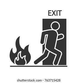 Fire Emergency Exit Door With Human Glyph Icon. Evacuation Plan. Silhouette Symbol. Negative Space. Vector Isolated Illustration