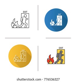 Fire emergency exit door with human icon. Flat design, linear and color styles. Evacuation plan. Isolated vector illustrations