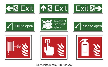 Fire and emergency exit sign set isolated on white background