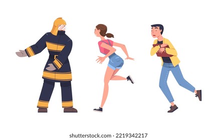 Fire Emergency with Firefighter Warning Man and Woman of Danger Vector Set