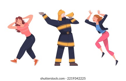 Fire Emergency with Firefighter Warning People with Megaphone Vector Set