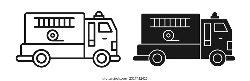 Fire emergency firetruck icon set. Black fire truck with ladder silhouette and line icon.