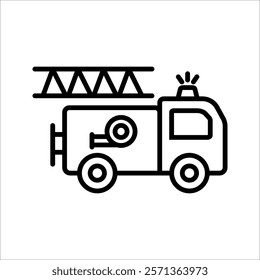 Fire emergency firetruck icon set. Black fire truck with ladder silhouette and line icon.