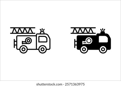 Fire emergency firetruck icon set. Black fire truck with ladder silhouette and line icon.